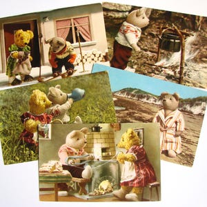 carte postale vintage des années 50, Vie de village d'ours en peluche, Lot de 5, Papier éphémère, Non signé, Non utilisé, Carte de voeux pour bébé, Collection, Fabriqué en RDA