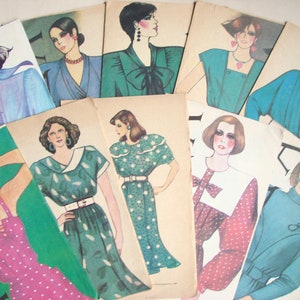 May include: A collection of vintage fashion illustrations featuring women wearing various styles of dresses and blouses. The illustrations are drawn in a retro style with bold colors and patterns.