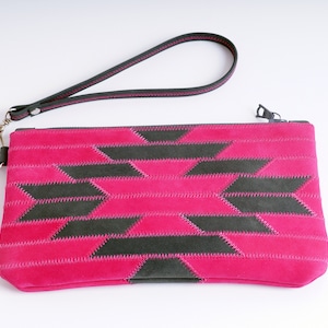 Portefeuille en cuir pour téléphone portable, petite pochette en cuir, sac à main à bracelet, portefeuille pour femme, étui à bracelet, sac à main, style tribal ethnique, magenta, gris