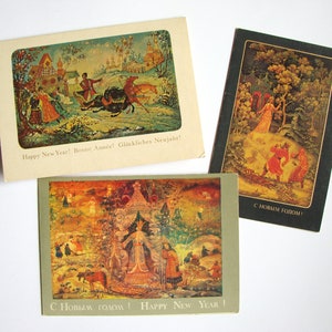 Drei vintage 70er Jahre Postkarten, Frohes Neues Jahr, Weihnachtspostkarte, russische Miniaturmalerei, Mstiora, Sammelkarte, Made in USSR