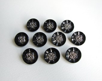 Vintage 70s Czech glass buttons, 10 pcs, Opaque black buttons with metallized finish, Round 18 mm, Made in Czechoslovakia