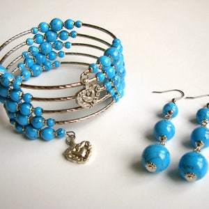 Blue Bracelet and Earrings Set, Memory Wire Bracelet, Dangle Earrings, Silver Tone with Faux Turquoise Beads, Boho, Bohemian Jewelry