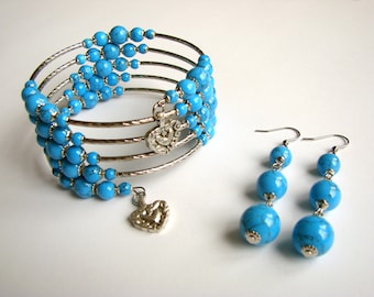 Blue Bracelet and Earrings Set, Memory Wire Bracelet, Dangle Earrings, Silver Tone with Faux Turquoise Beads, Boho, Bohemian Jewelry