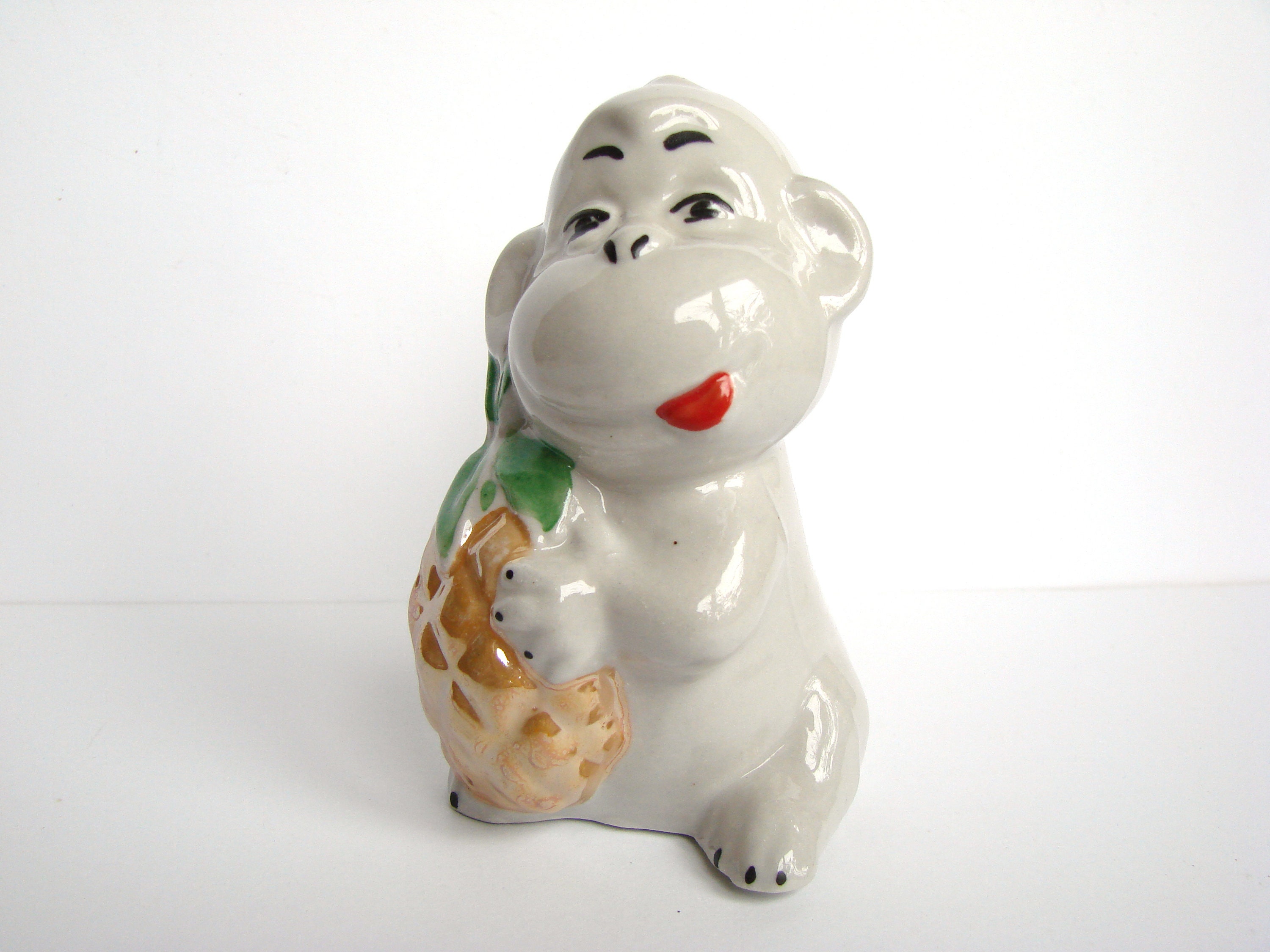 Vintage 80s Ceramic Monkey Figurine, Monkey with pineapple, Ukrainian Hand-painted Glazed Pottery, Made in USSR, Rustic, Cottage Chic Decor