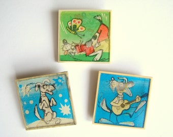 Set von 3 vintage 70er Jahre linsenförmigen Abzeichen mit Hunden, Zeichentrickfigur, Sammlerstück, Retro Kinder Pin Abzeichen, Made in USSR