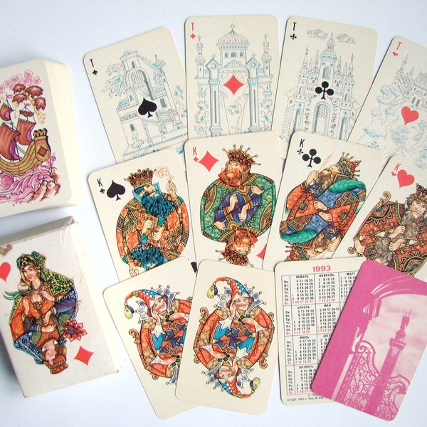 Cartes à jouer vintage des années 90, White Palekh, Style russe, Jeu de cartes russes, Jeu de 54 cartes, Objet de collection, Fabriqué en Russie