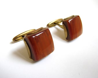 Vintage 60s brass cufflinks with plastic cabochons, Square cuff links, Brown cufflinks, Men’s jewelry, Made in USSR