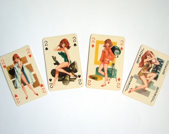 4 pcs Vintage Pin-Up Playing Cards 1960s, Romikartya, Pinup Girls, Retro Paper Ephemera Scrap, Collectible, Made in Hungary