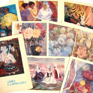 Cartões postais antigos dos anos 70, Belas artes do Cazaquistão, 12 peças, Pintura cazaque, Aisha Galimbaeva, Objetos de papel, Não assinados, Não utilizados, Impressos da URSS