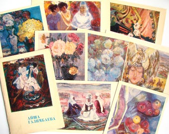 Vintage postcards 70s, Fine arts of Kazakhstan, 12 pcs, Kazakh painting, Aisha Galimbaeva, Paper ephemera, Unsigned, Unused, Printed USSR