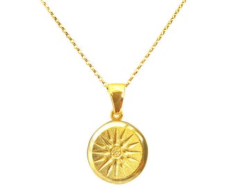 Greek Vergina Sun Coin Pendant in 24K Gold Vermeil, Greek Jewelry, Greece Jewelry, Vergina Sun Pendant, Greek Coin Pendant, Greek Mythology