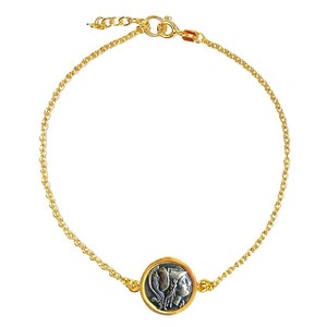 Bracciale con moneta greca antica e dea Atena di Ilios in argento sterling e oro vermeil 24 carati, braccialetto con moneta greca Atena, braccialetto greco