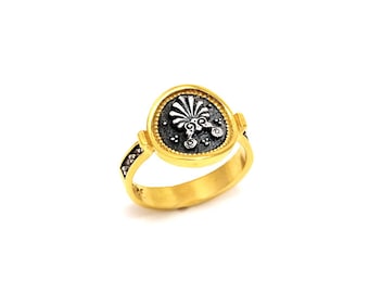 Greek Acroterion Ring in 24K Gold Vermeil & Sterling Silver by Ilios, Greek Jewelry, Greek Ring, Phaistos Disc, Ancient Greek Jewelry