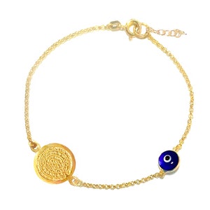 Phaistos Disc Evil Eye Bracelet by Ilios in 24K Gold Vermeil, Phaistos Disc Bracelet, Greek Jewelry, Greek Bracelet, Evil Eye Bracelet