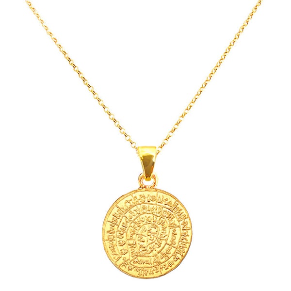 Pendentif disque d’or grec Phaistos 24K Vermeil d’or sur chaîne assortie, disque Phaistos, disque Phaistos, bijoux grecs, pièce de monnaie de la Grèce antique