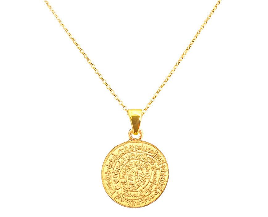 Greek Phaistos Gold Disc Pendant 24K Gold Vermeil on Matching Chain, Phaistos Disc, Phaistos Disk, Greek Jewelry, Ancient Greece Coin