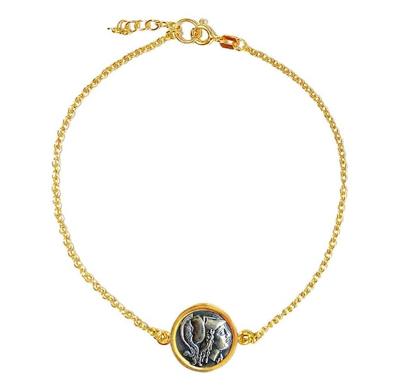 Ancient Greek Coin Bracelet with Goddess Athena by Ilios Sterling Silver & 24K Gold Vermeil,  Athena Greek Coin Bracelet, Greek Bracelet