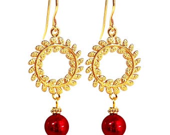 Greek Wreath Earrings with Murano Glass Beads, Greek Earrings, Greek Jewelry, Gold Wreath Earrings, Christmas Earrings, Grecian Earrings