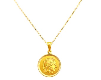Antike griechische Münze Anhänger griechische Göttin Athene Solid 14K Gold von Ilios, griechische Münze Anhänger, Athena Münzanhänger, Antikes Griechenland, Athena