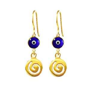 Greek Spiral Earrings with Evil Eye Glass Beads by Ilios, Spiral Earrings, Evil Eye Earrings, Greek Jewelry, Greek Earrings, Minimalist