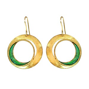 May include: A pair of gold-toned hoop earrings with a textured finish. Each earring features a circular design with a smaller inner circle and a vibrant green enamel accent. The earrings have a hook closure.