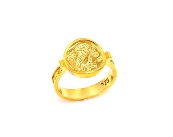 Owl Coin Ring in 24K Gold Vermeil by Ilios, Greek Jewelry, Greek Ring, Owl Coin, Athena Owl Greek Goddess, Greek Mythology, Ancient Greek