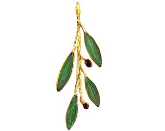 May include: Gold olive branch brooch with green enamel leaves and dark red enamel berries.
