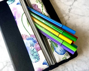 Case | pencil case pens | pouch | rubber band | Journal | notebook pencil case | tablets | faux leather | Flowers | pansies