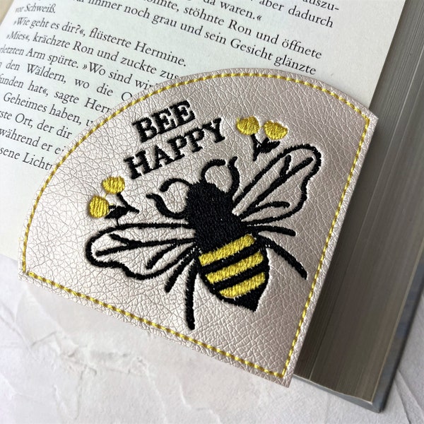 Bookmark | Leeshoek | Kunstleer | geborduurde | Boekenwurm | Bee Happy | Beige | Metalen