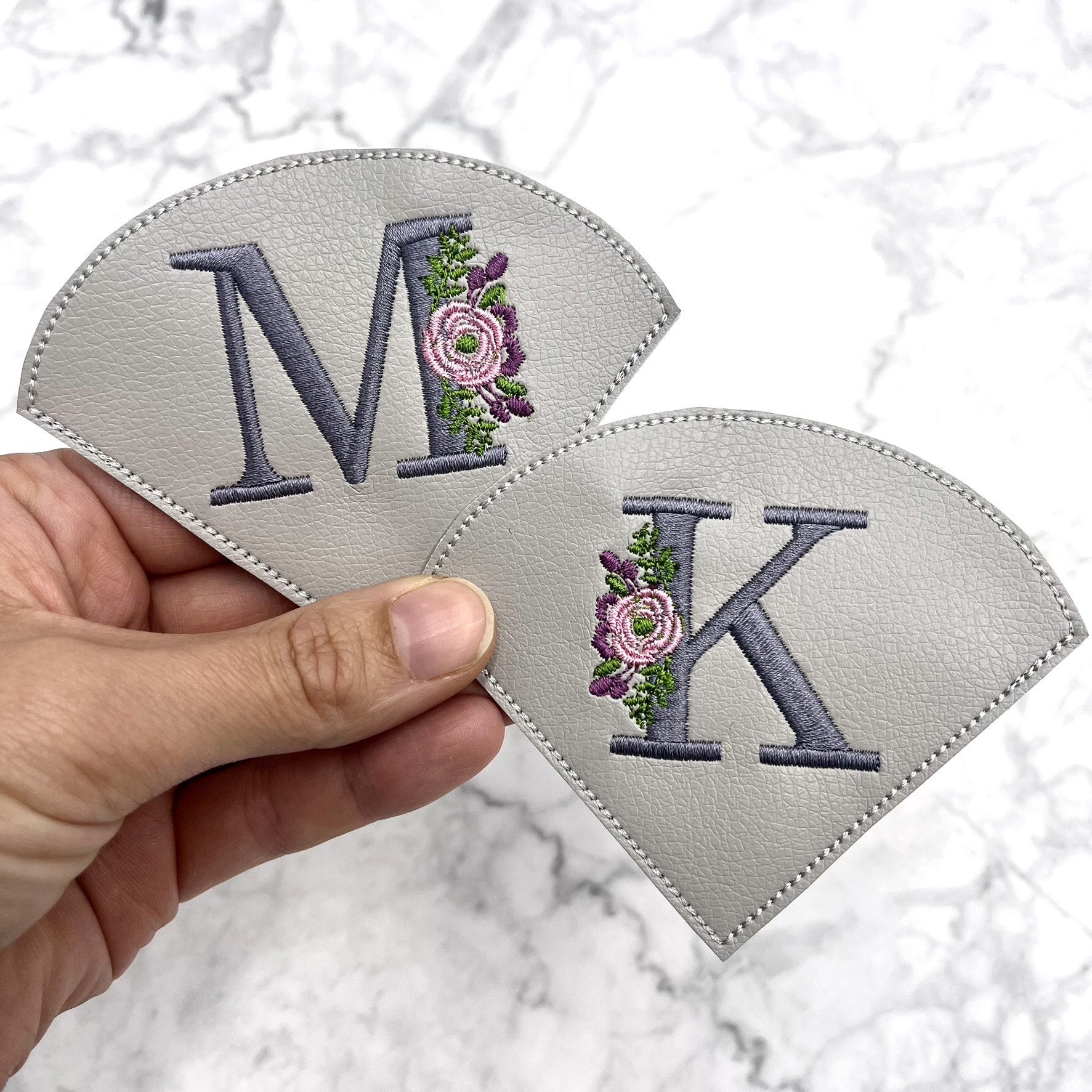Bookmark | Reading corner | Faux leather | embroidered | Bookworm | personalized | Letter | Monogram | Rose | gray