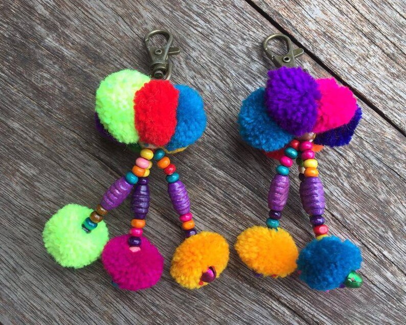 WHOLESALE 6 Keychains Pom Pom Beads Zipper Pull Key Etsy