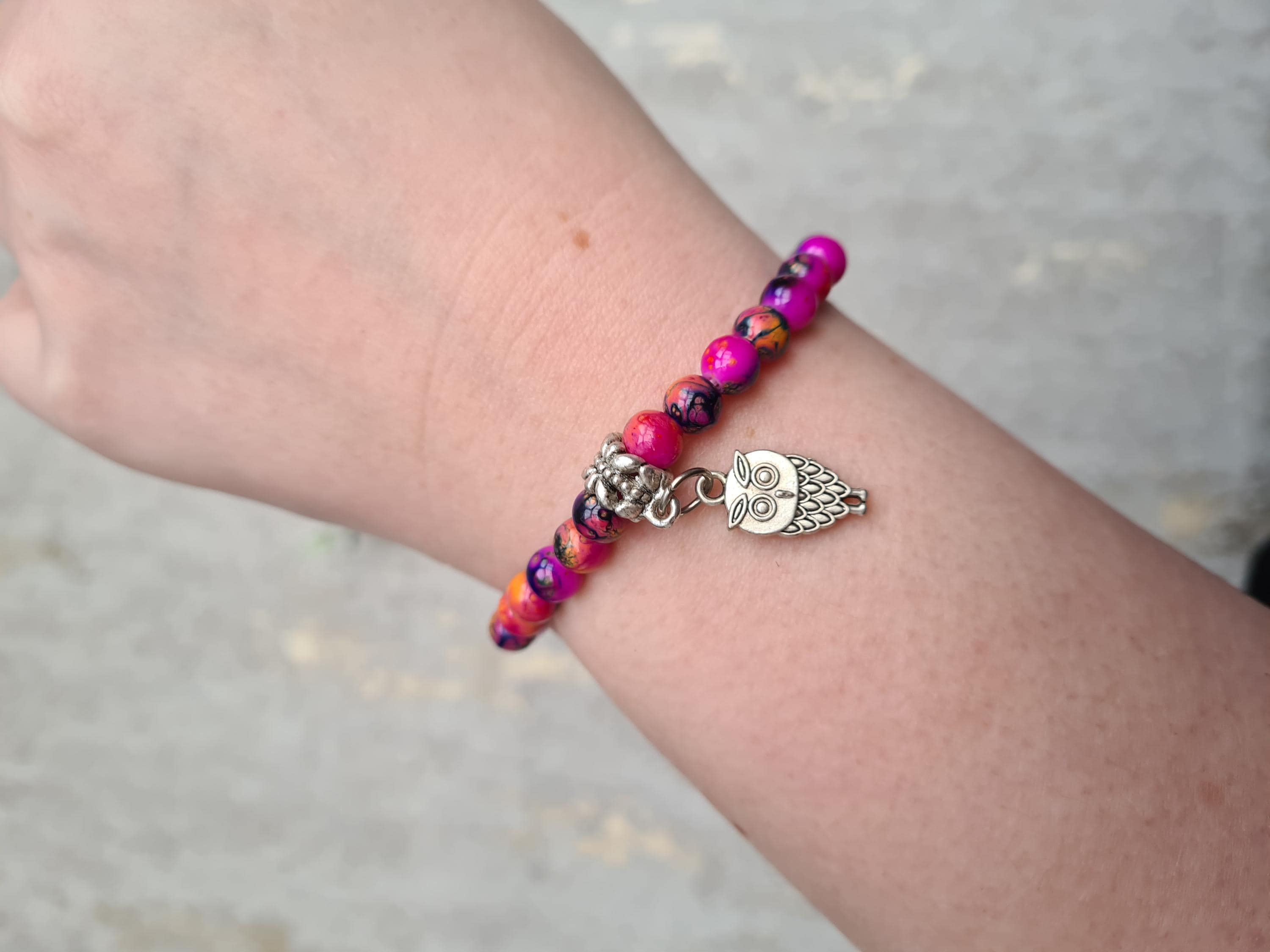 Owl Stretch Beaded Bracelet, Colourful Pink Bird Jewellery, Quirky Fashion