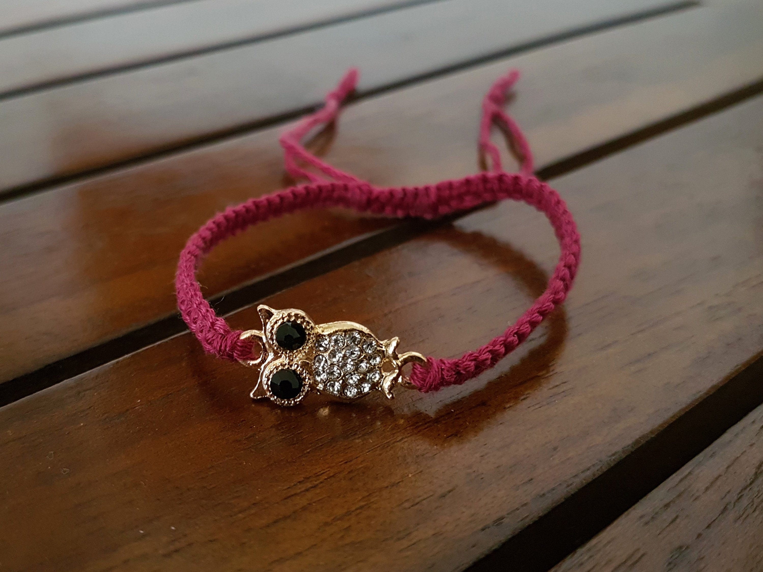 Pink Macrame Bracelet with Gold Owl Charm, Adjustable Handmade Jewellery