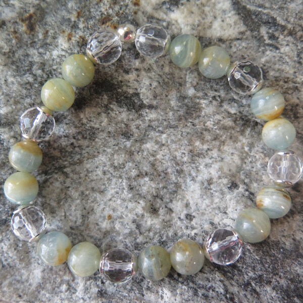 Magic Blue Aragonite Bracelet combined with facetted Clear Quartz and 925 Silver, 8 mm