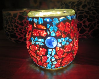 Magisches Mosaik Windlicht -Sagrada Cross -Blau-Rotes-Kreuz-