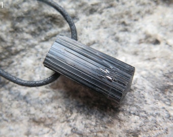 Natural Black Tourmaline Pendant with side drilling and incl. black cotton/leather band No. 28