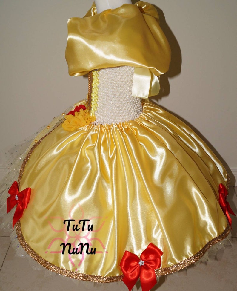 Luxury Handmade Girls Disney Princess Belle Beauty and the Beast Pageant Ball Gown Glitter Sparkle Party Satin Tulle Tutu Dress