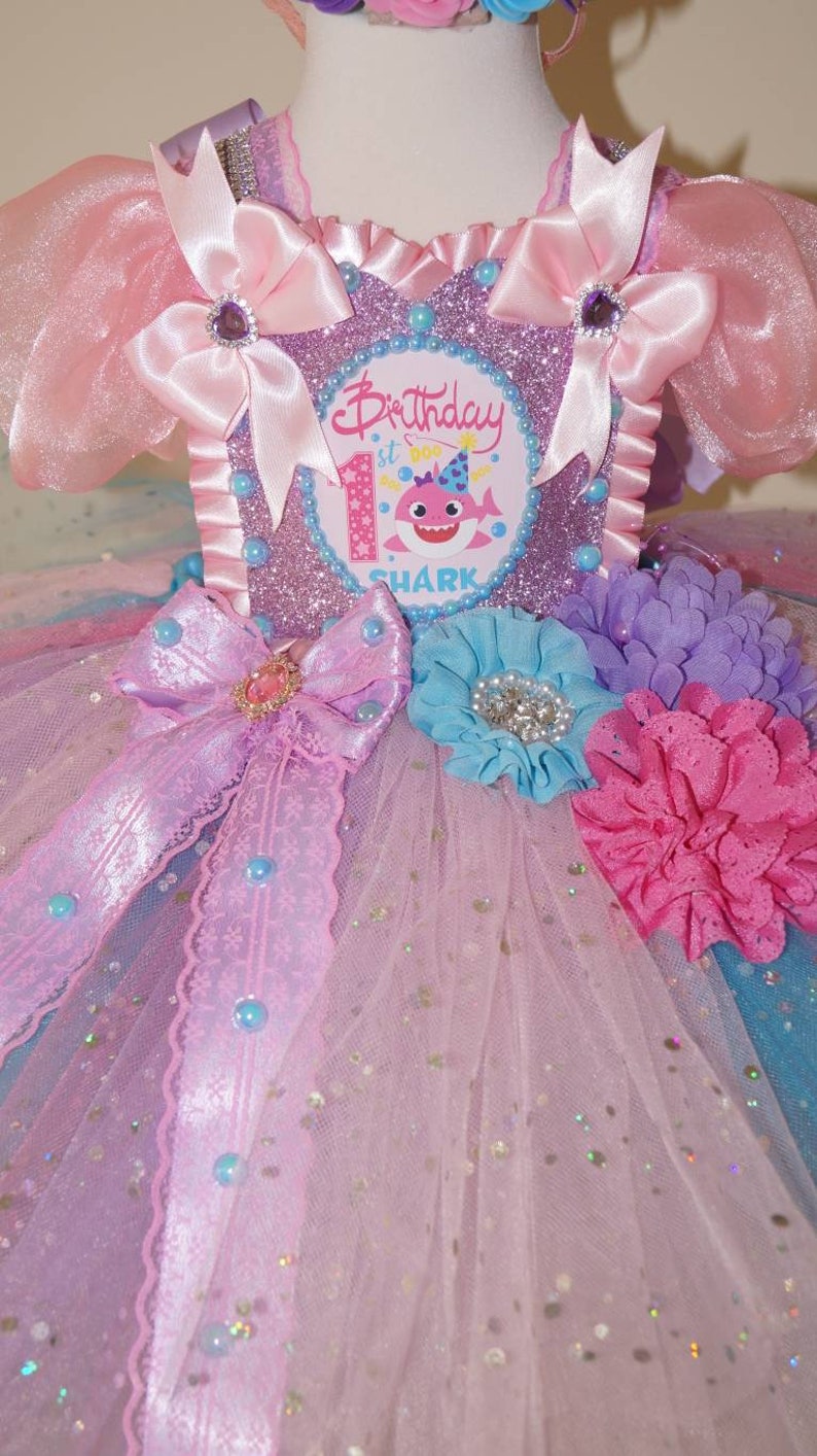 Handmade Girls Baby Shark First Birthday Pageant Ball Gown Glitter Sparkle Party Tulle Tutu Dress