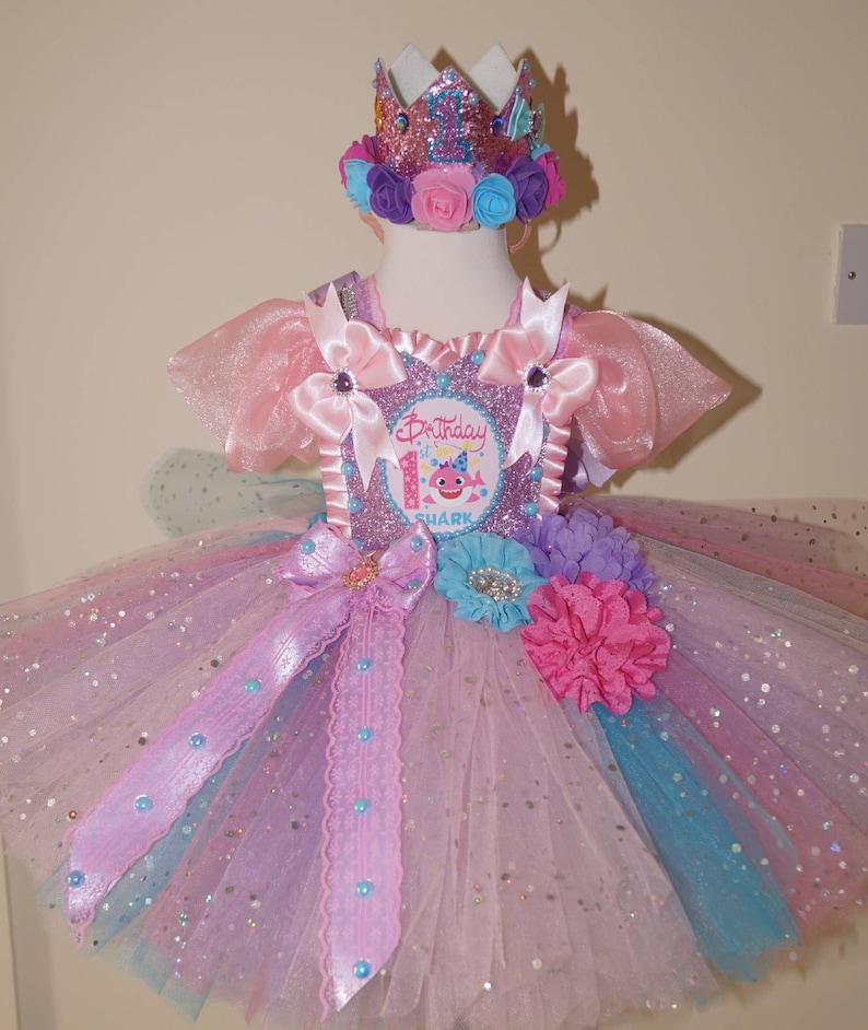 Handmade Girls Baby Shark First Birthday Pageant Ball Gown Glitter Sparkle Party Tulle Tutu Dress