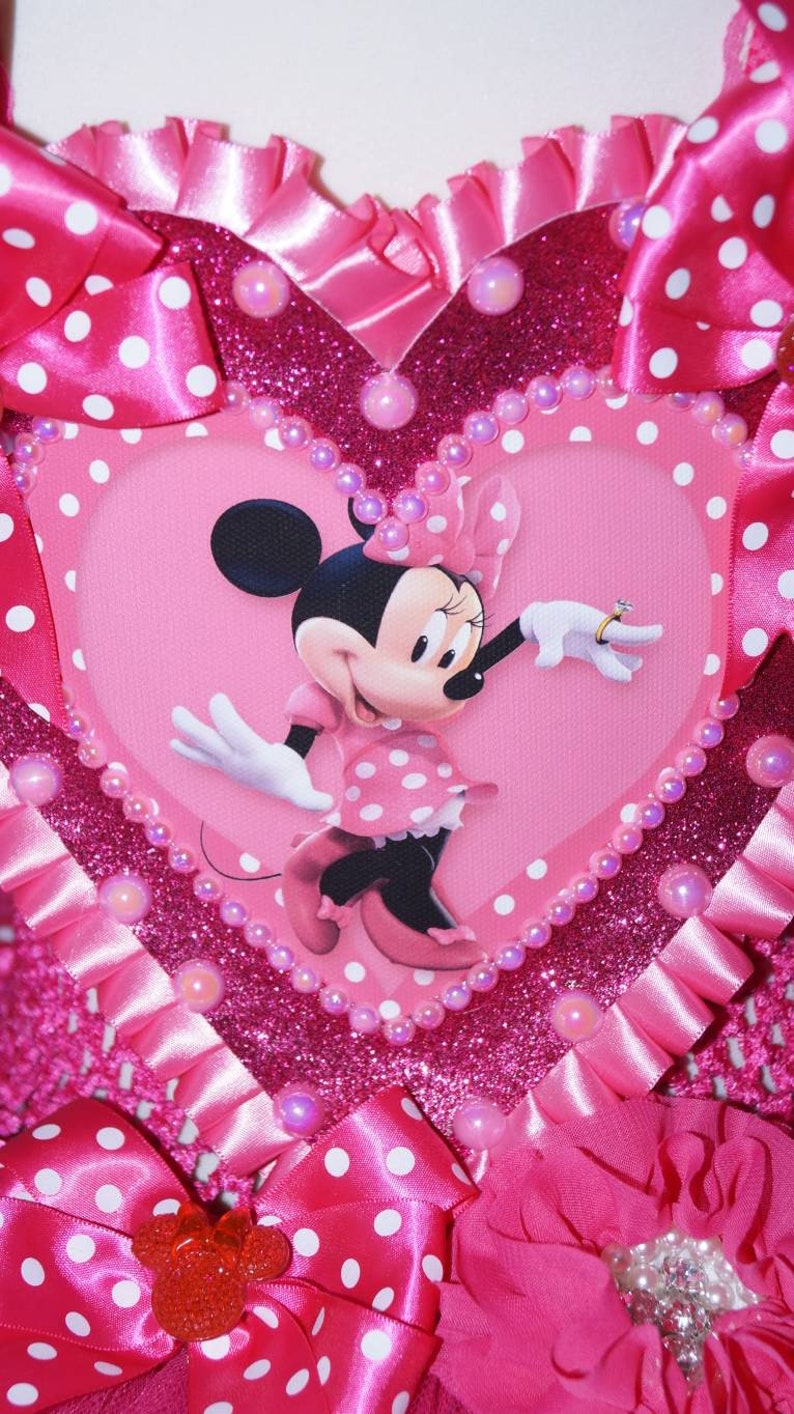 Handmade Girls Bright Pink Disney Minnie Mouse Pageant Ball Gown Glitter Sparkle Party Tulle Tutu Dress