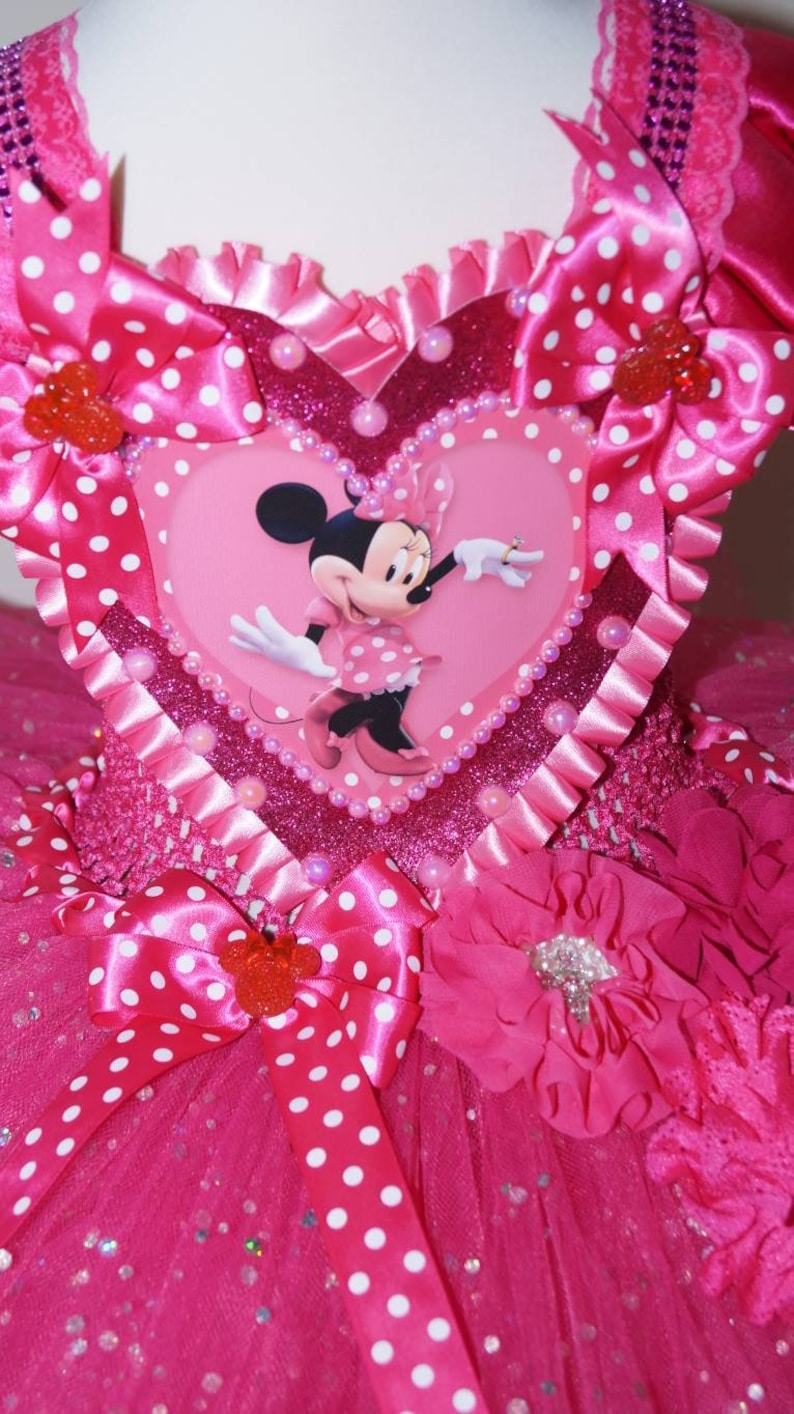 Handmade Girls Bright Pink Disney Minnie Mouse Pageant Ball Gown Glitter Sparkle Party Tulle Tutu Dress