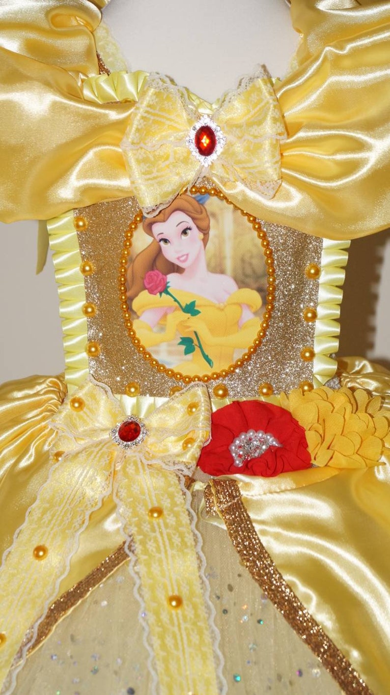 Luxury Handmade Girls Disney Princess Belle Beauty and the Beast Pageant Ball Gown Glitter Sparkle Party Satin Tulle Tutu Dress