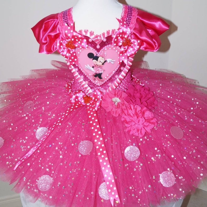 Handmade Girls Bright Pink Disney Minnie Mouse Pageant Ball Gown Glitter Sparkle Party Tulle Tutu Dress