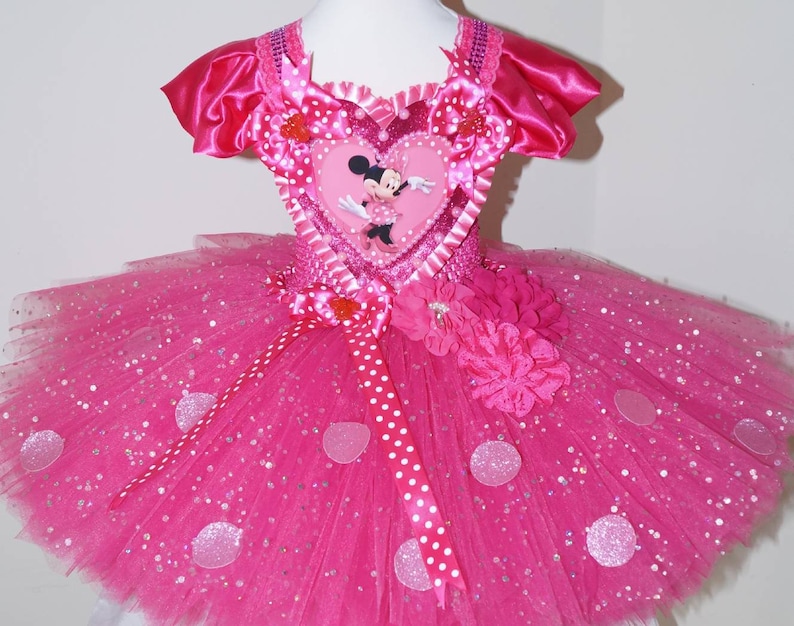 Handmade Girls Bright Pink Disney Minnie Mouse Pageant Ball Gown Glitter Sparkle Party Tulle Tutu Dress