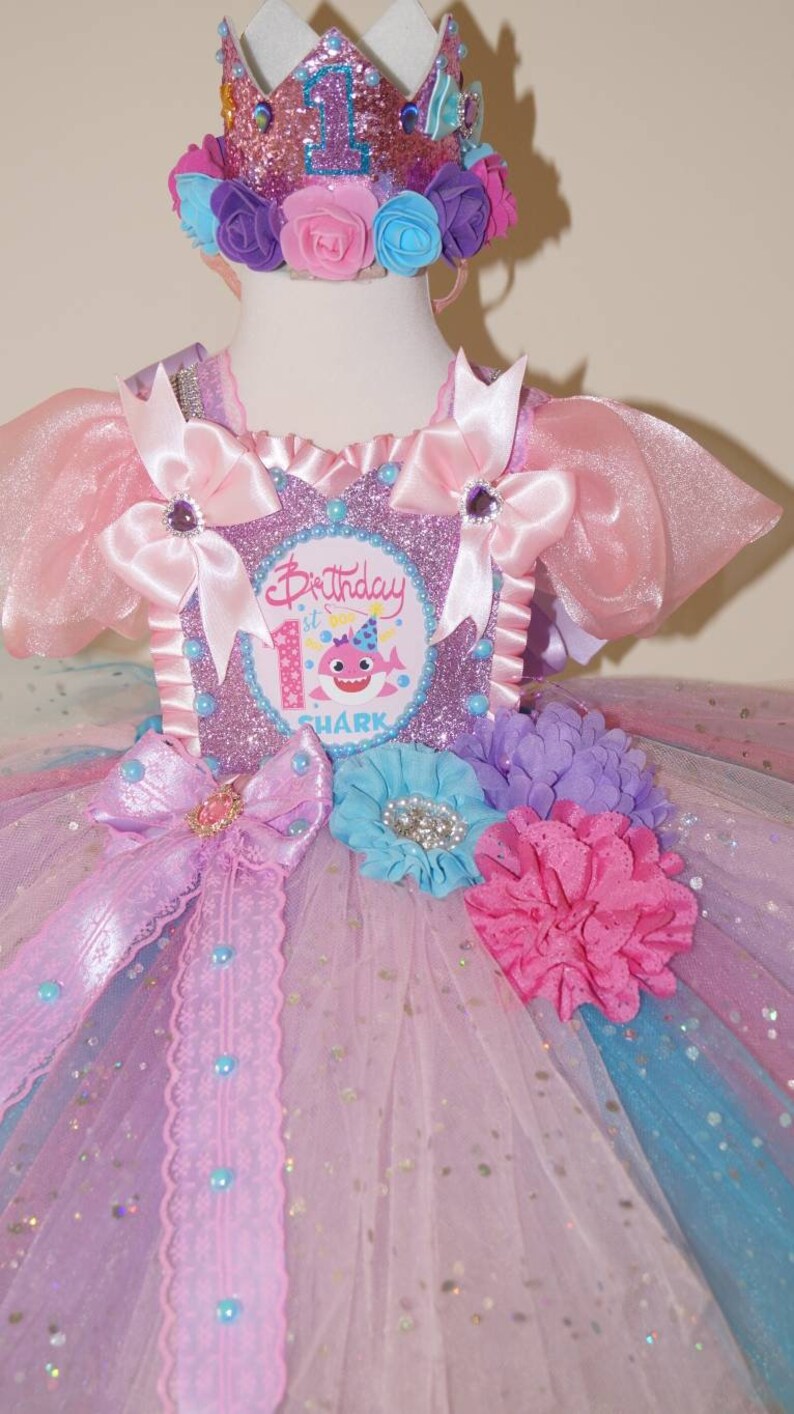Handmade Girls Baby Shark First Birthday Pageant Ball Gown Glitter Sparkle Party Tulle Tutu Dress