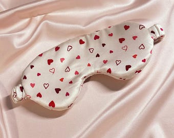 Large Mulberry Silk Eye Mask 19 Momme Heart Print- Sleep Accessory Sewn in the UK