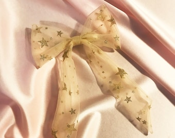 Gold Star Tulle Euphrasie Hair Bow Ribbon Barrette Clip