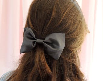 Dark Grey Real Silk Hair Bow Barrette Clip