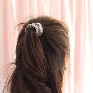 Pale Grey Silver Real Silk Satin Mini Hair Scrunchie- Sewn in the UK