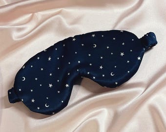 Large Mulberry Silk Eye Mask- Navy Star Print Sleep Mask Sewn in the UK